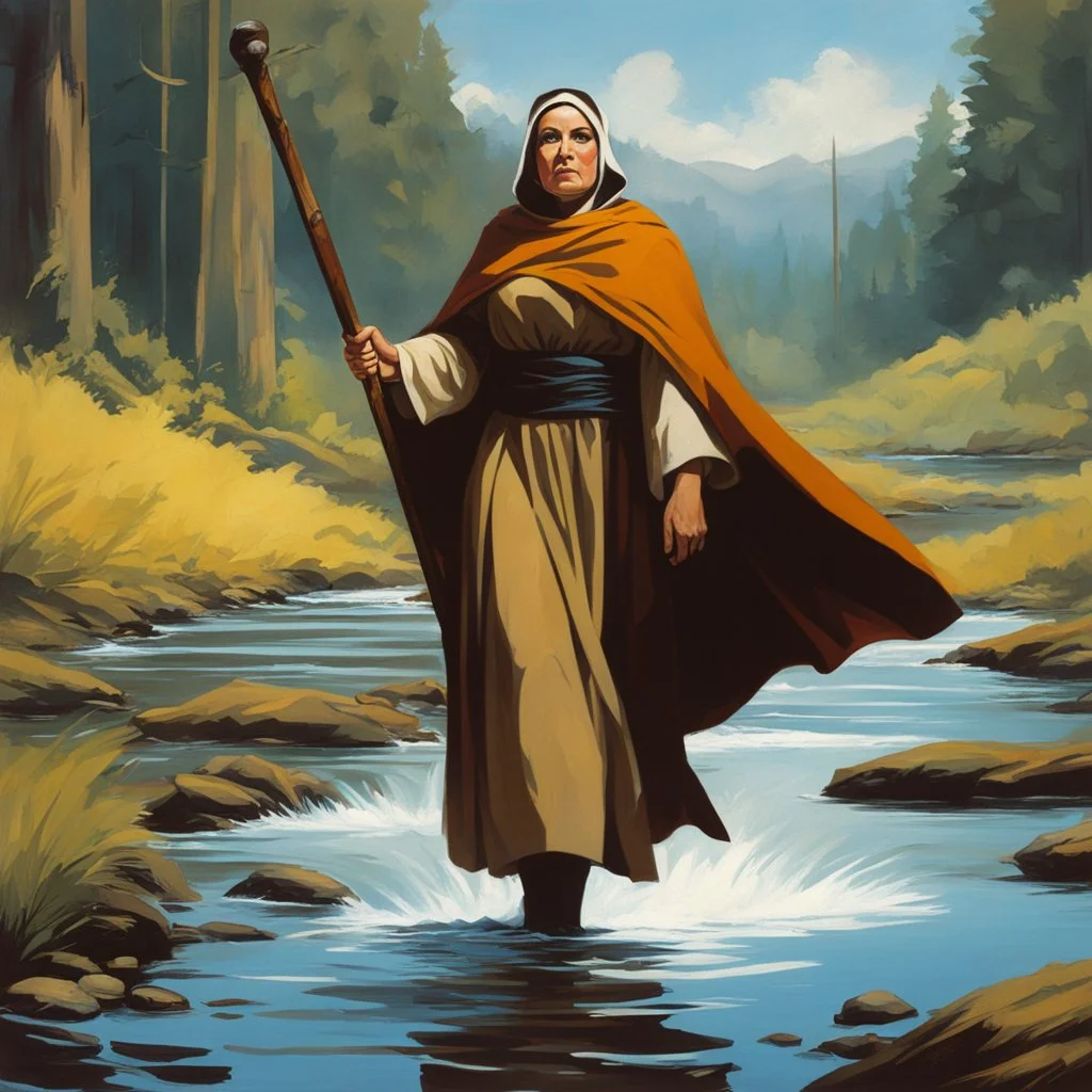 woman version of Friar Tuck with a wooden staff in the middle of the ford [art by Steve Rude]