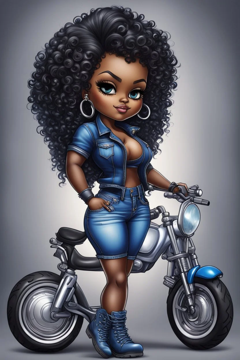 create an airbrush illustration of a chibi cartoon voluptuous black female wearing a blue jean outfit with biker boots. Prominent make up with hazel eyes. Extremely highly detail of black and blonde tight curly hair. Background of a bike show.