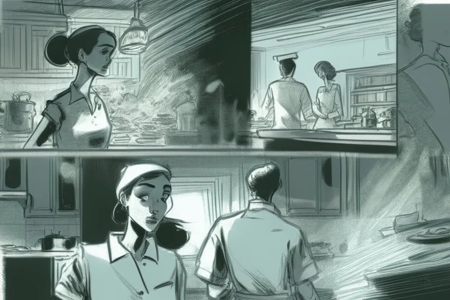 black and white storyboard, couple on foreground, we don t see them well because they are close to the camera but between them in the middle we see 3 chefs, scattered throughout the kitchen cooking, frying, cutting