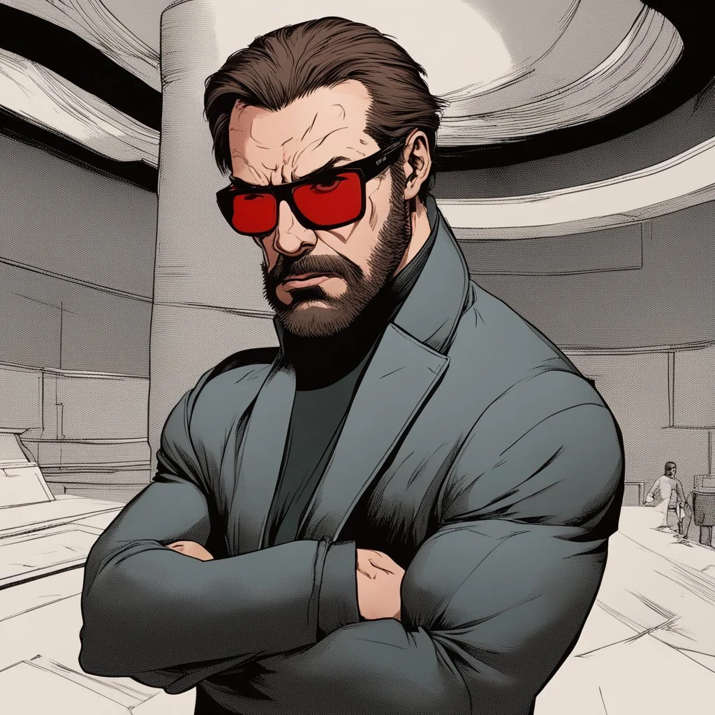 a young man with big muscles who looks like hans gruber wearing a turtleneck and red sunglasses staring with an angry look on his face