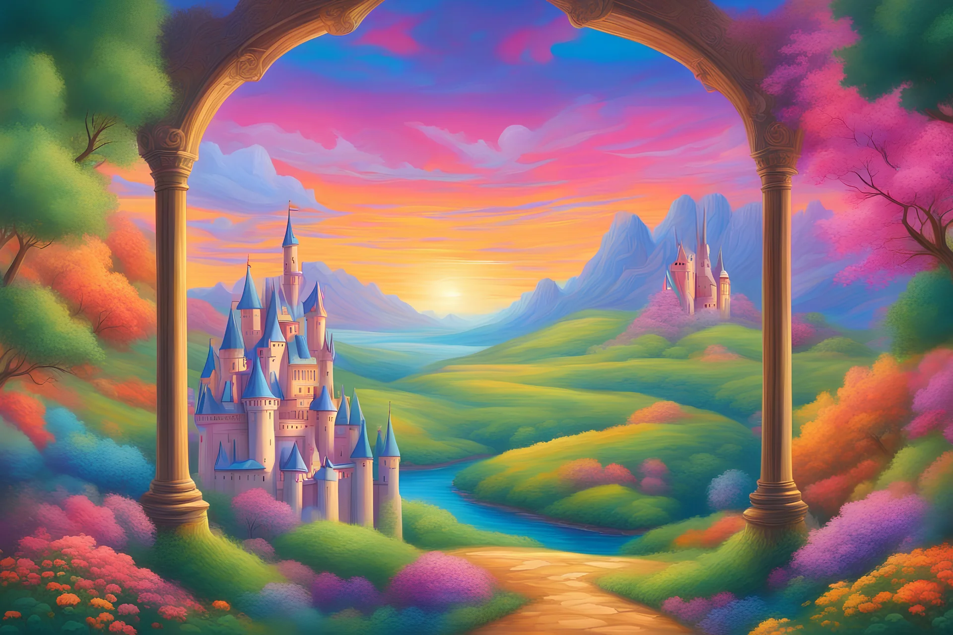 a painting of a colorful landscape with a castle in the distance, a detailed matte painting by Lisa Frank, deviantart, color field, matte painting, windows xp, matte background