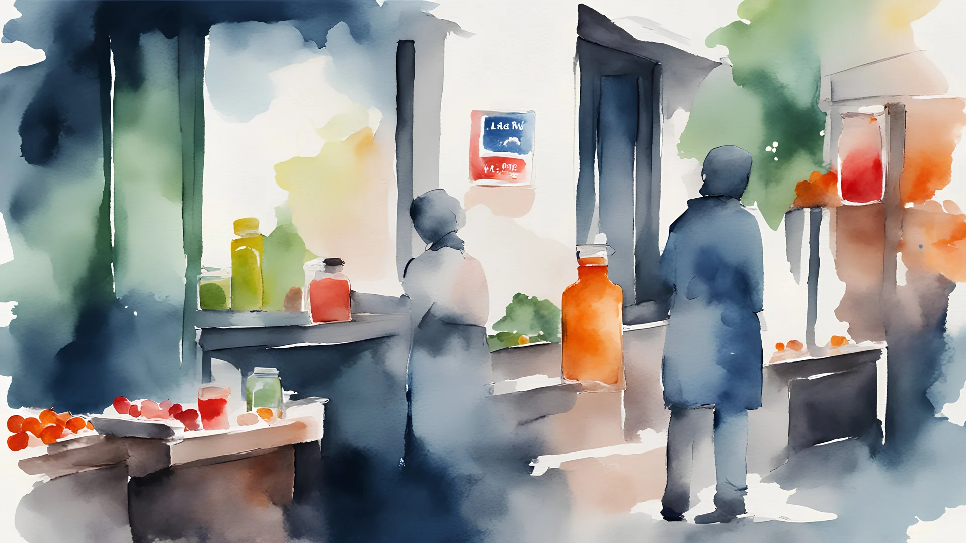 Water color Painting, Vector. Hijab. Minimal. buy medicine Expensive. pharmacy. woman. Iran. new yorker. Street. salesman Weekly market