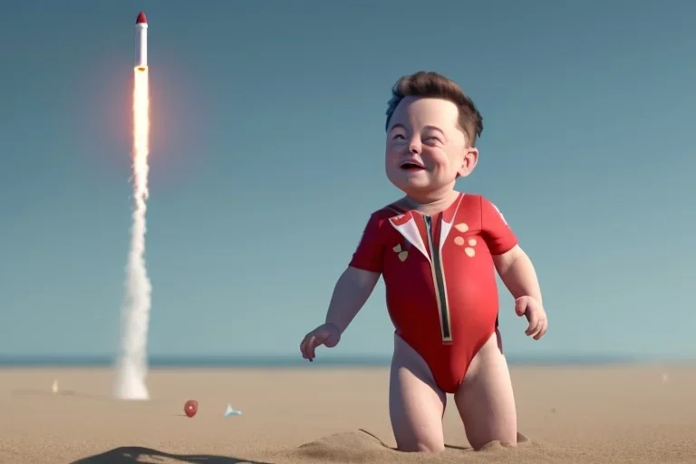 Elon musk as a baby building a Very tall Sandrocket on the beach. He is wearing a polkadot swimsuit