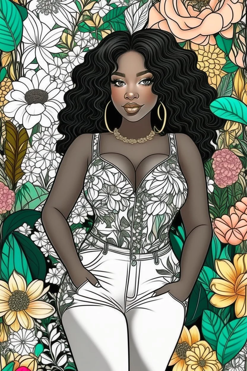 black curvy woman wearing jeans, eyes front camera coloring page floral background