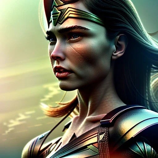 Wonder woman battles a insect, futuristic design, rain in background, close-up face, geometric armor, female face, 3d unreal engine, black face, close up armor, church detail, lovely face