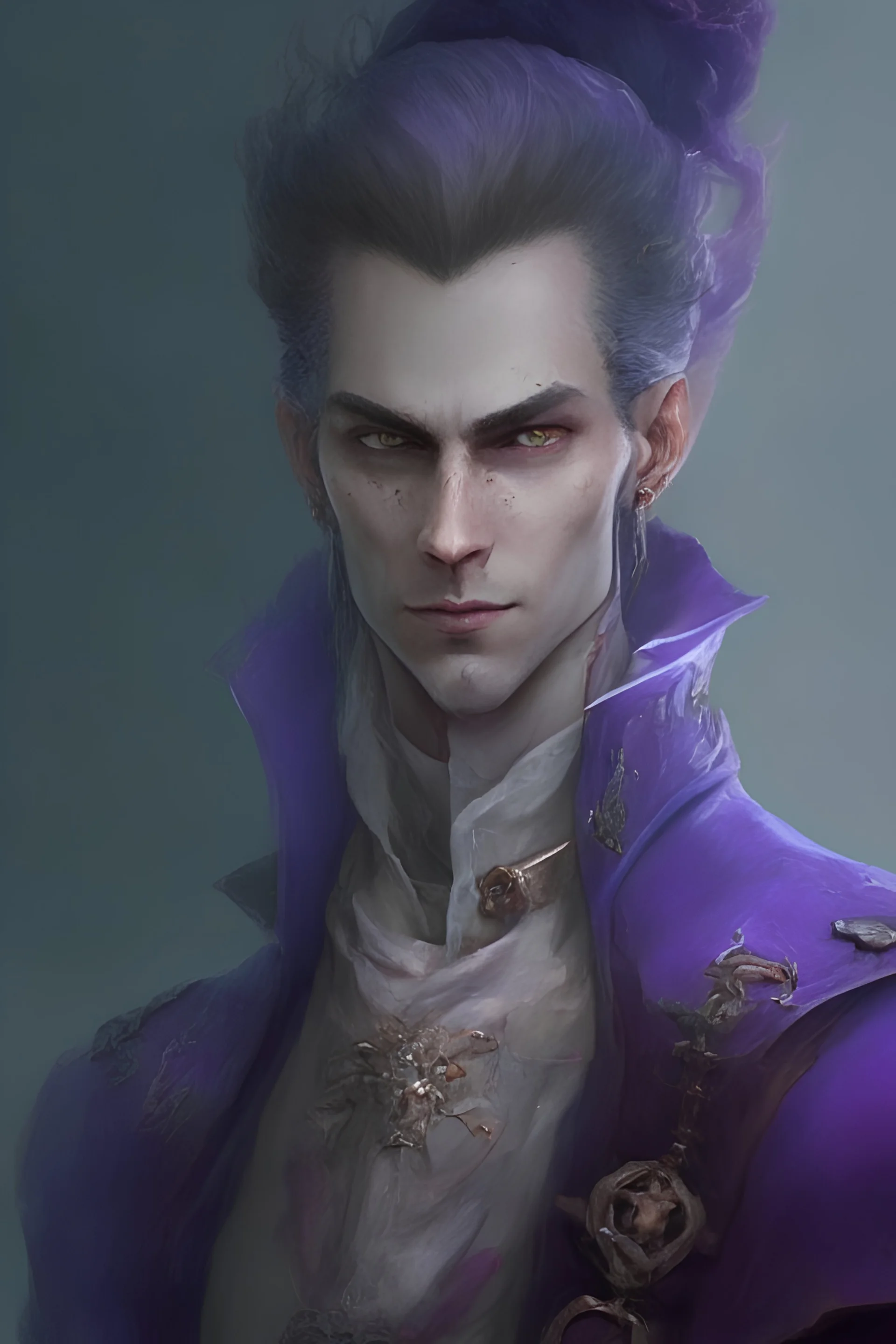 "Upload image" Doppelganger male, dungeon and dragon character, fantasy, wearing purple merchant clothes, black sclera eyes, Skin is as pale as the moon, character portrait. Ponytail hairstyle similar to a Viking from popular tv and movies.