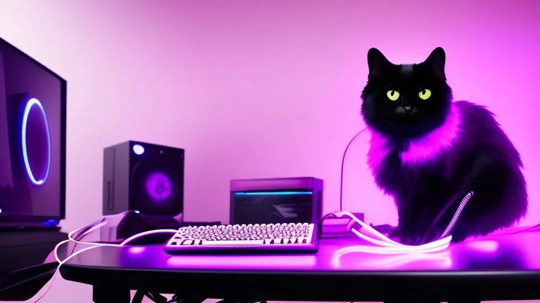 Cute black cat sitting on a gaming chair, in front of a gaming PC table, in a dark room with purple lights and gaming posters, atmospheric, gorgeous, realistic