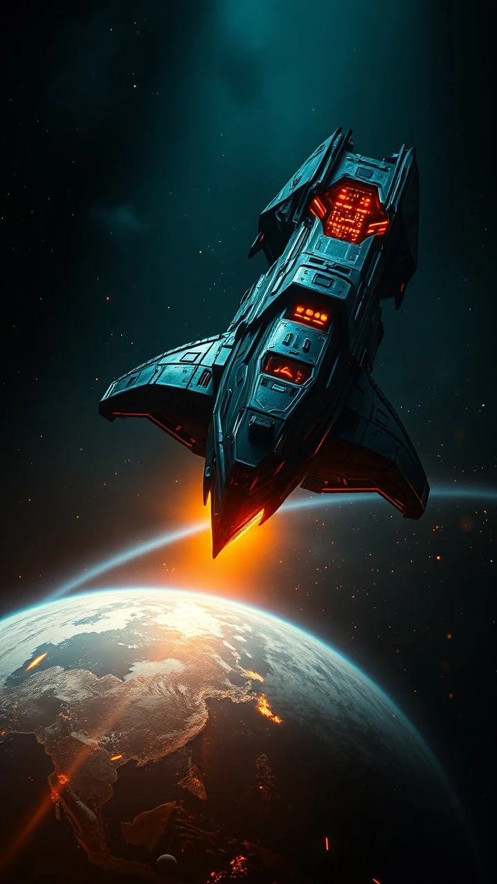 Si-Fi, The insider alien space ship weapon targeting a earth under atmospheric lighting effects, intricat, moody atmosphere, eerie grimdark ambiance, complex accents, speculative fiction art. Bokeh