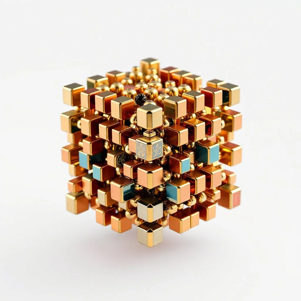 a mandelbox 3d fractal made of small metallic random color cubes