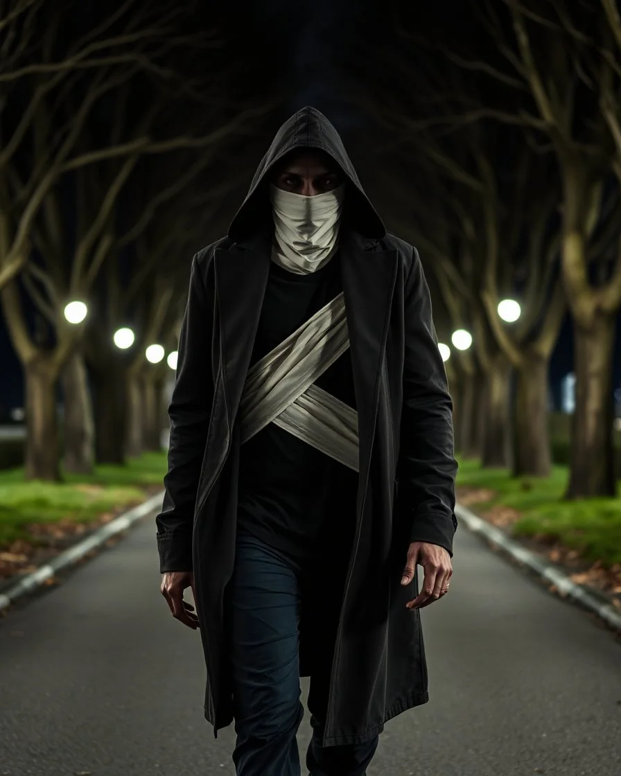 a stalky Darkman walking with gaps between the bandage wraps revealing a hollow emptiness, trenchcoat, on a treed roadway at night