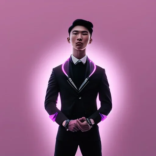 cute asian male, boy, man in futuristic suits, black and white highlight hair color, pink and purple background, pink lighting, deep purple backlighting, gun, smoke