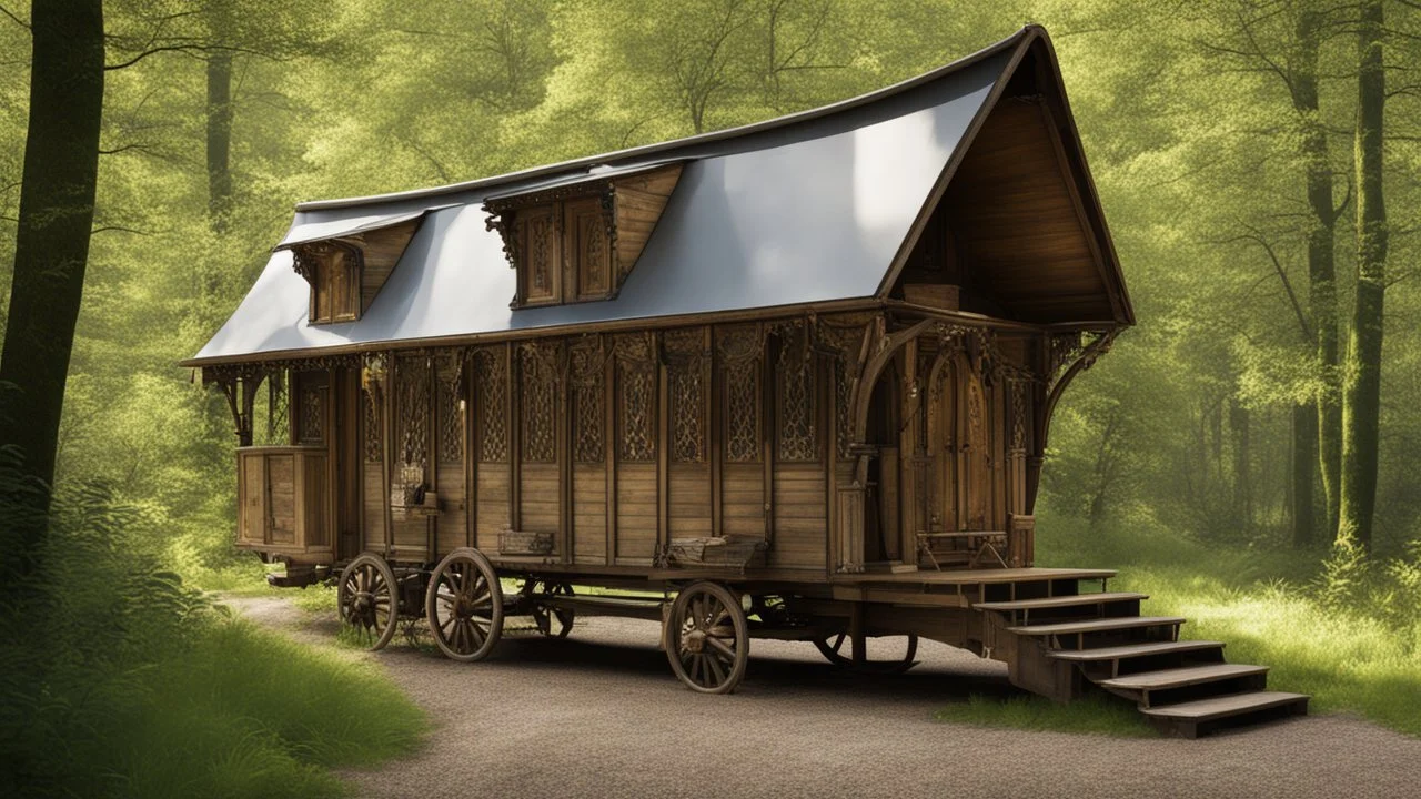 Gothic Two-story, wooden gipsy caravan on a pathway in dense woodland