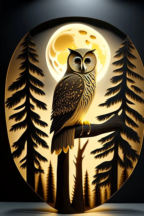 A captivating and mesmerizing 3D render of a striking minimalist silhouette of an owl, transformed into a nighttime scene. The owl's body is filled with a warm golden hue, representing a starlit sky and a radiant full moon. The center features a delicate, flying bird, symbolizing the owl's spirit. Beneath the owl, a serene landscape of pine trees and a resting owl unfolds, creating a sense of tranquility and harmony with nature. This enchanting illustration masterfully blends elements of wildlif