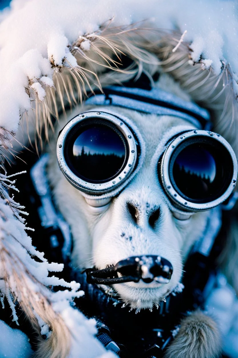 close up documentary photography, National Geographic, Yeti, weird, Dystopian, Japanese, Extreme depth of field, bokeh blur, winter, blizzard, Alberta, all-natural, in the style of candid, imperfection, natural lighting, light-focused, Professional shot, shot on Agfa, Fuji Film, Anamorphic lens, 1980s, taken with Hasselblad --ar 4:5 --w 150 --style raw