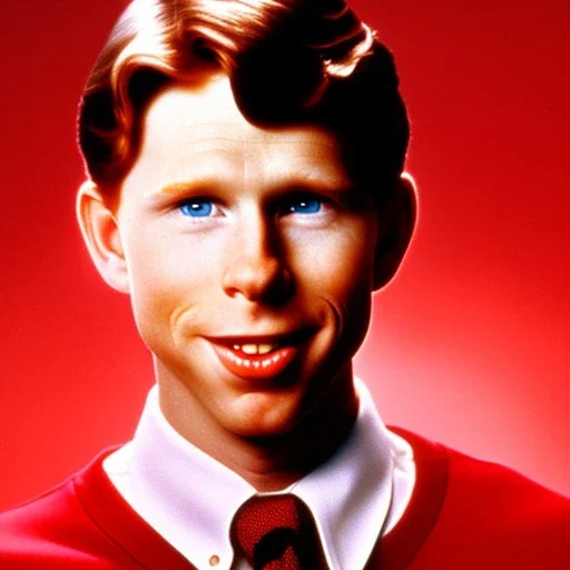 REd-haired ron howard as richie from happy days Is wearing a school jersey and playing the saxophone with his eyes closed, rock band, saxophone lips