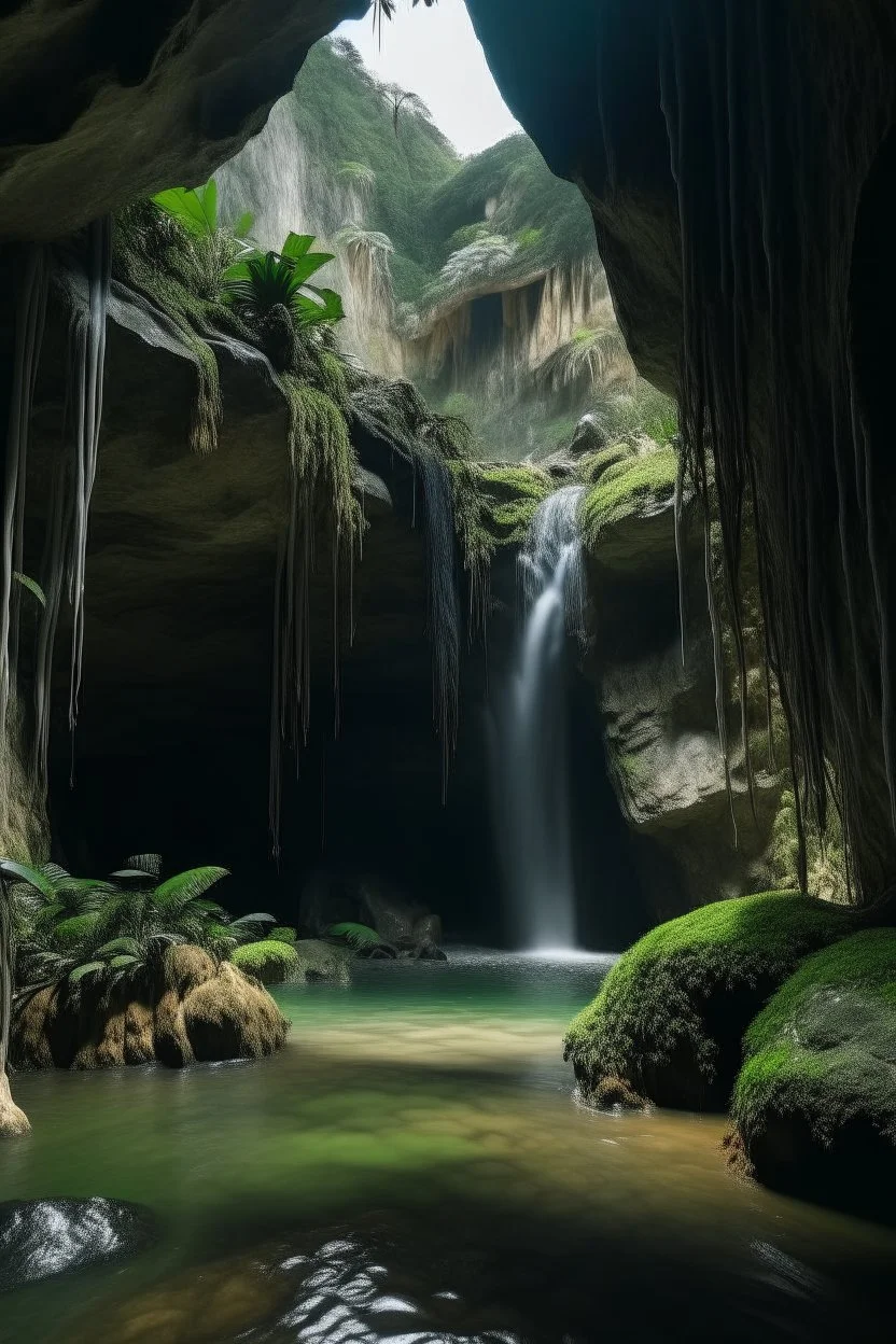 A cave with covered with waterfalls,