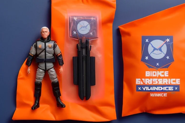 Mike Pence G.I. Joe toy Doll Space force uniform inside a blister packaging hanging on a Wallrack in toystore, fluorescent orange, toy guns, wide angle shot whole body, black boots, fullsize