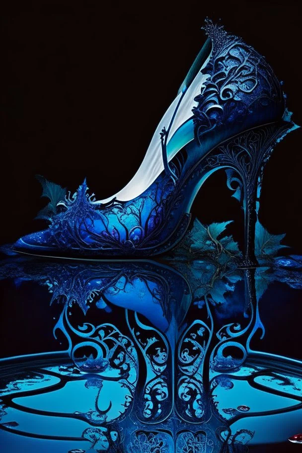 dark fantasy, intricate cover, a whimsical fairytale, high-heeled shoe made of blue glass with a pool of blood underneath