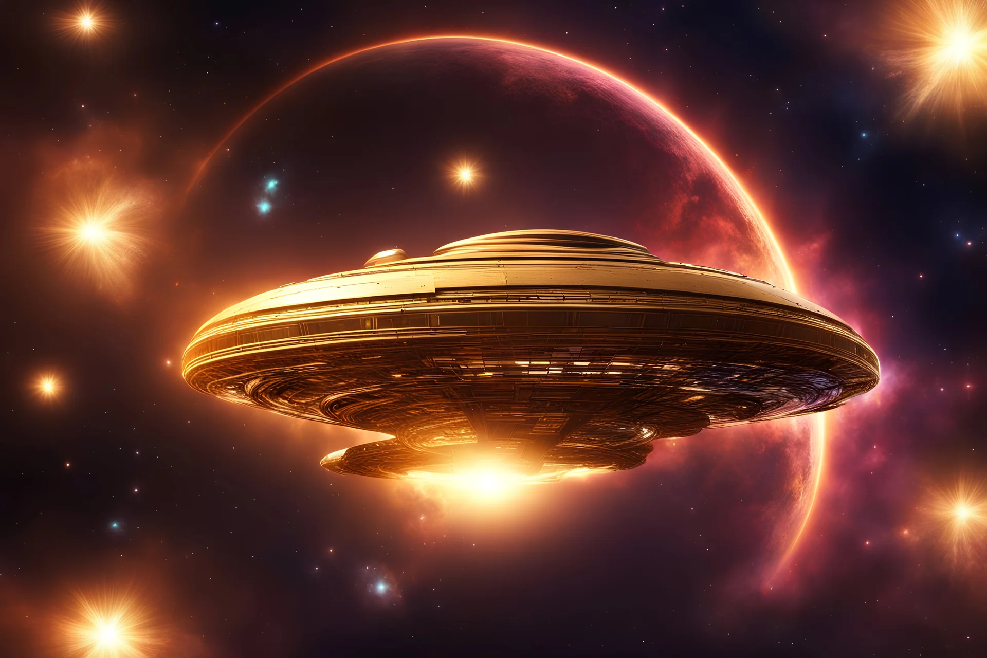 light and gold transparent starship in nebula cosmic, vibrant, 4k