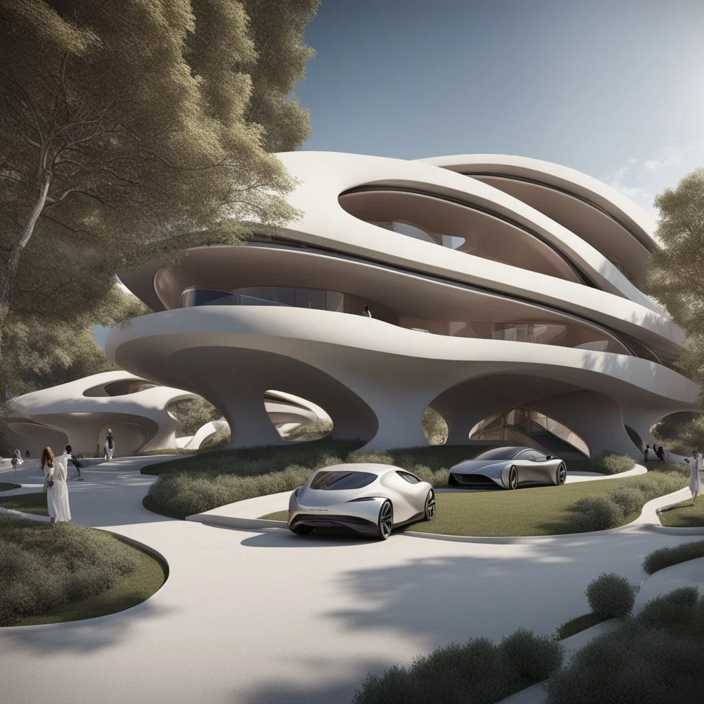 Complex of ten oval cabins, Zaha Hadid style, ultra quality, hyper-detailed, digital art, 8k 3D, trees, parking lots, people