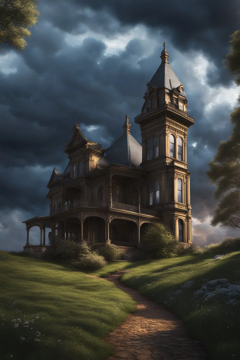 Old Victorian architecture in a Victorian valley, dramatic sky, cloudy sky, digital art, 4k, 8k, trending on ArtStation