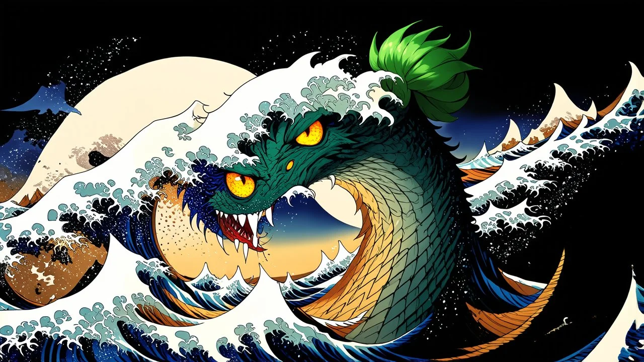 Detailed illustration of a mythical monster with yellow-orange eyes and green hair in a top knot, inspired by Japanese folklore, realistic painting style similar to Hokusai's "The Great Wave off Kanagawa", intricate details on the creature's scales and horns, intense lighting creating dramatic shadows, concept art for a video game or movie.