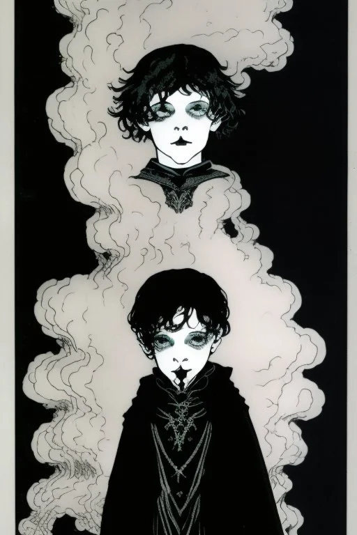 7 year old boy, necromancer, friendly, looks dead, surrounded by weird smoke with eyes, wearing black robes, in the style of Harry Clarke
