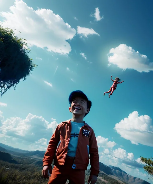 Ultra realistic thriller sky scene, portrait, Childs free jumping flying with trinkets, smile, happy, Wes Anderson style, inflatable color clothing, extreme, wind, clouds sea, 20,000 feet altitude, stratosphere, soft color, highly detailed, unreal engine 5, ray tracing, RTX, lumen lighting, ultra detail, volumetric lighting, 3d, finely drawn, high definition, high resolution.