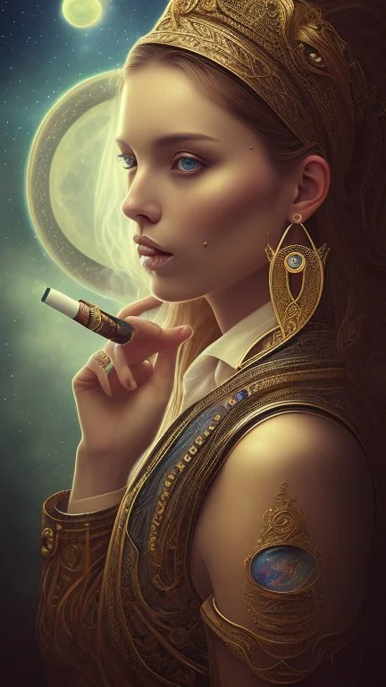 portrait of a woman smoking a cigarette, nebulas seeping into her brain, crescent moons in her eyes, feather earrings in her ears, a crescent moon to right, a wrought iron fence and a lake behind, a mountain range in the distance by seraphinianus kodex, karol bak