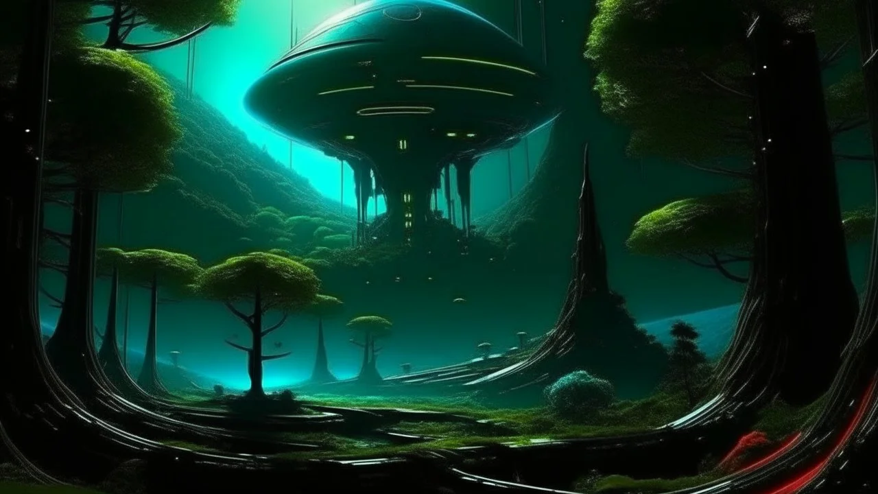 hyper realistic, tron legacy movie, space ships of the future, city of the future, green nad dark red trees , forest, space, planets, god status creations of the universe, face of an alien