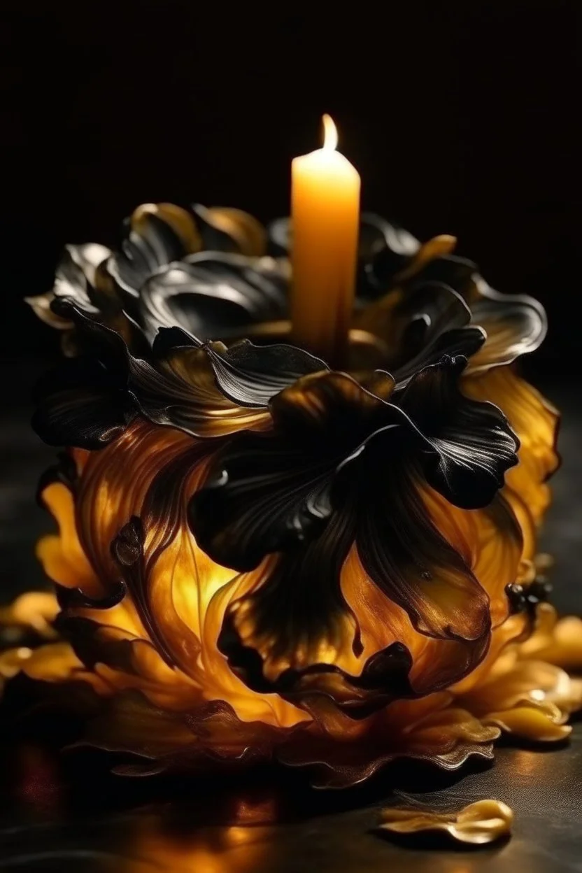 magic vintage candle made of whirlwinds, golden black, close-up, petals, realistic, botanical