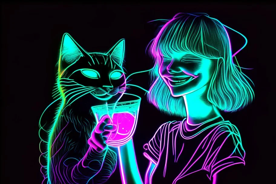 black background, outlines of a holographic happy girl with a cocktail and cat drawn from thin neon-coloured glowing lines