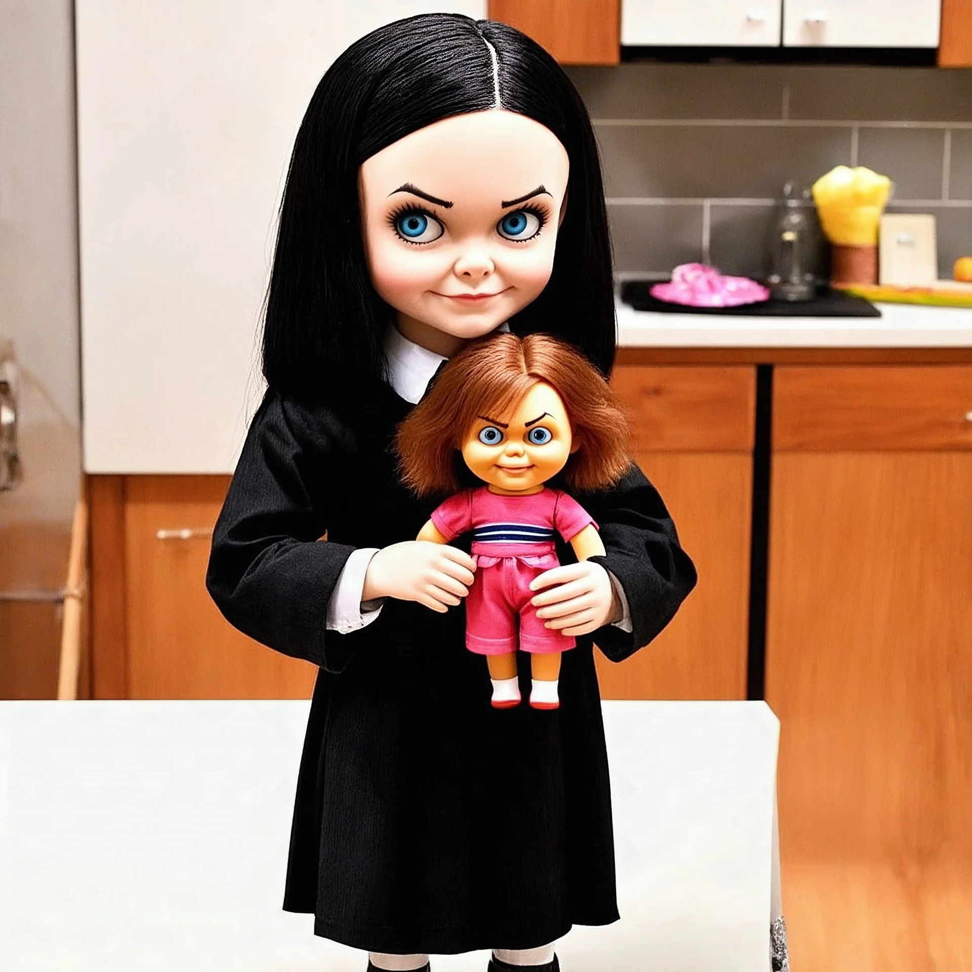 Wednesday addams with a chucky doll