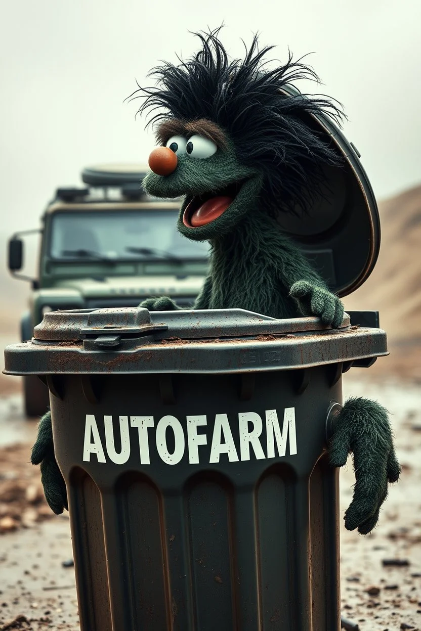 DIRTY CUTE HOT EUROPEAN Oscar the AUTOFARM Grouch SESEME ST CHARACTER IN LARGE GARBAGE TRASH BIN,GARBAGE TRASH BIN, side profile, "GARBAGE TRASH BIN IN FRONT" man in super blackscary (((((autofarm)))))) TITLE in movie poster movie style horror look. as five headed mouth open, rough teeth, turn head around, landrover crash in background(&*&*^%$^#%$#%$^%$#^#$#^%#$^$#