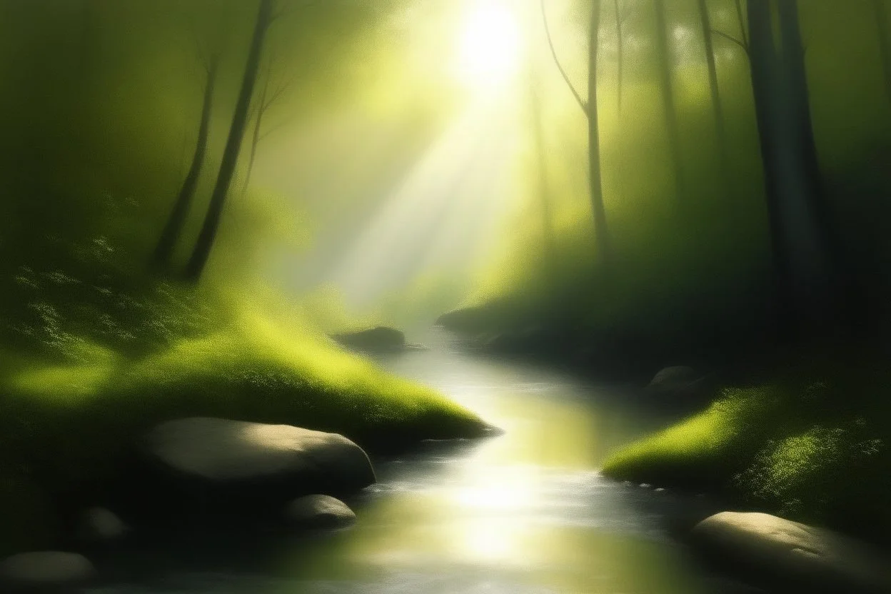 Create a hyper-realistic oil painting of a forest river scene with sunlight streaming through the trees