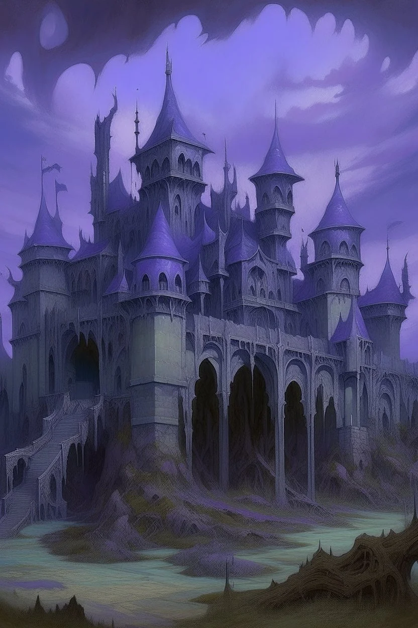 A grayish purple haunted citadel with muck of horror painted by the Limbourg brothers