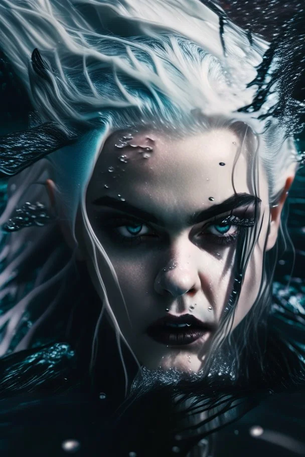 A beautiful Goth girl, dark black makeup, dark under eyes, white hair, action image of her braking water surface, freedom, dramatic, highly detailed, 8k, abstract