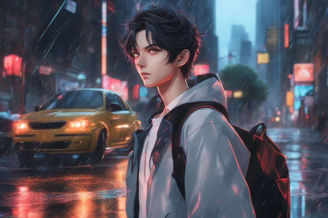 Wednesday Adam in 8k anime cgi drawing style, Adam family them, neon effect, close picture, rain, highly detailed, high details, detailed portrait, masterpiece,ultra detailed, ultra quality