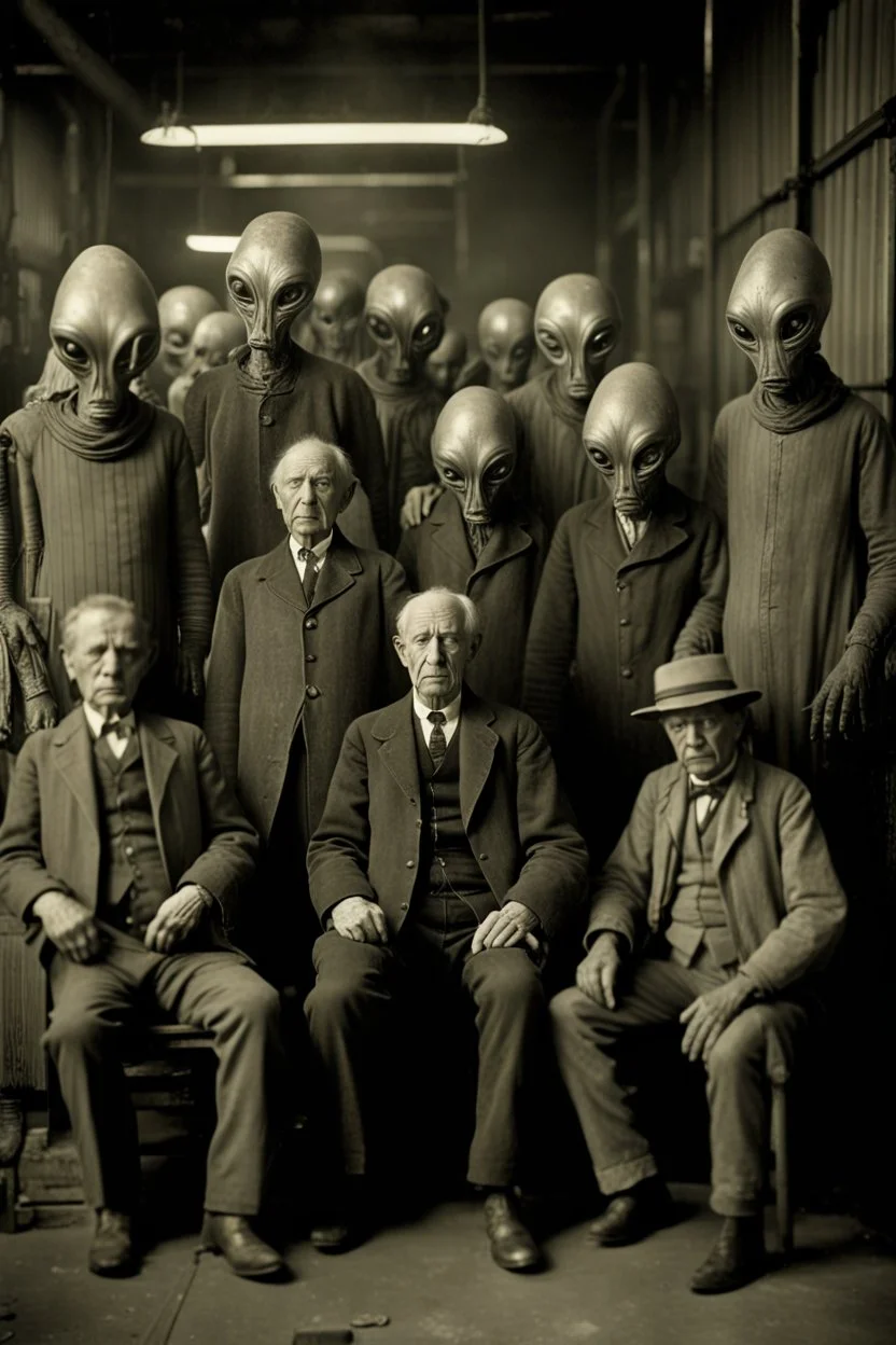 1900's black and white vintage photo, interior, working (alien) organ manufacturing factory warehouse, unhappy and angry,stange long grey alien human hybrid creature with a family that is super sad, captured on square format film, grainy brown, aged, old men depressed, tired