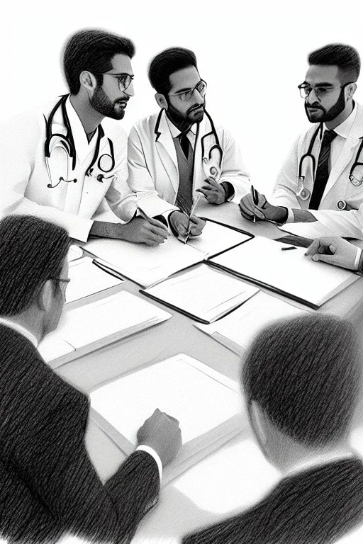 Pencil sketch of Four doctors are discussing ، on lined paper