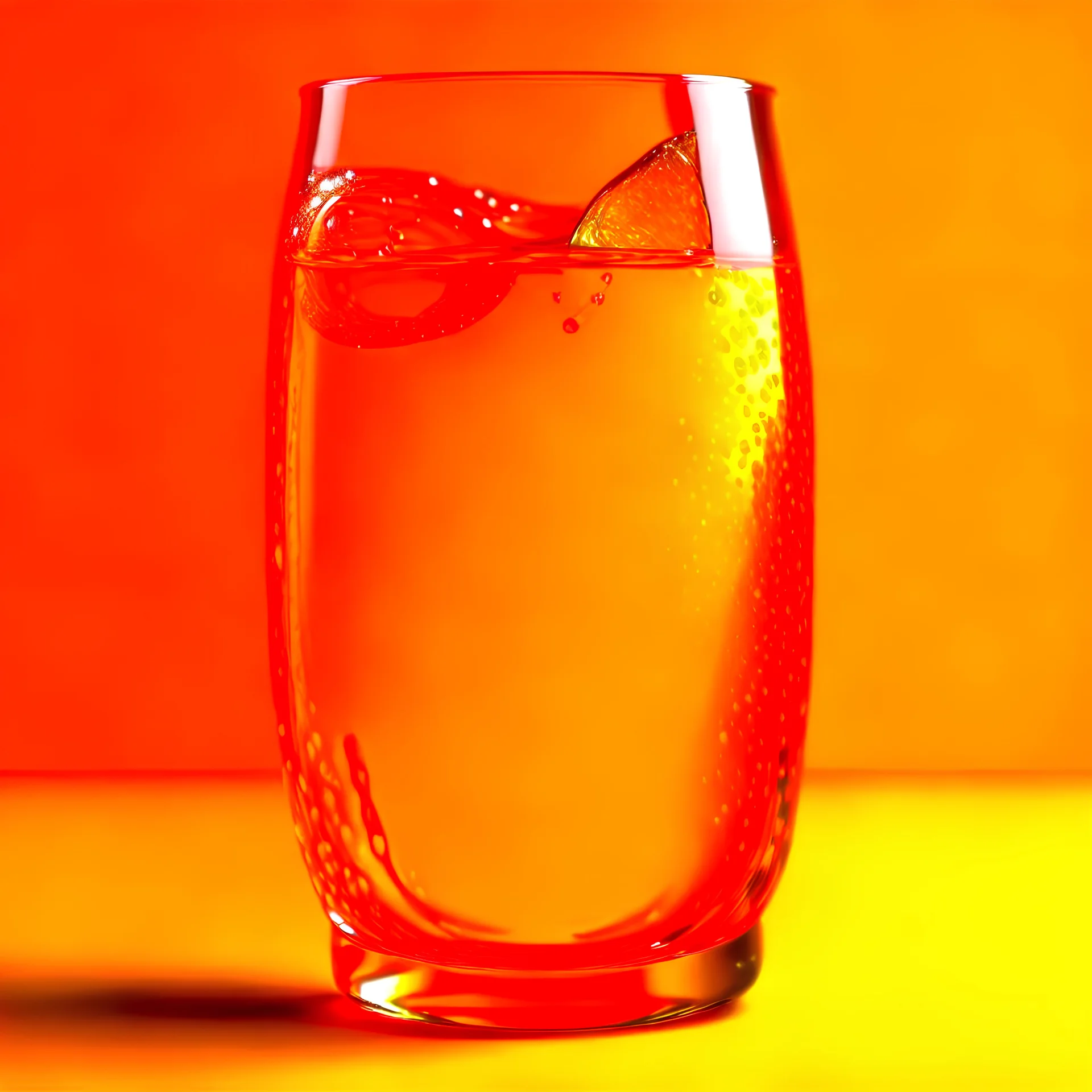 orange soft drink full of bubbles, in a very futuristic glass glass, with ice cubes, on an orange background