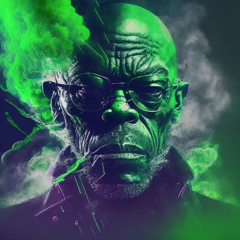 Yung Samuel l jackson, mutando en un alienigena skrull, depresive green abstract digital art obscure smoke london dramatic, torbellino de oscuridad, en un estilo de arte aerobrush