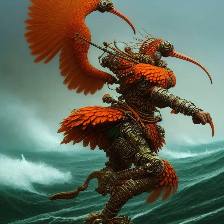 an ibis warrior in orange and green full battle armor, a highly detailed illustration, background of giant crashing ocean waves, realistic render, 8 k, micro detail, intricate, elegant, centered, digital painting, Artstation, smooth, sharp focus, illustration, artgerm, tomasz alen kopera, peter mohrbacher, donato giancola, joseph christian leyendecker, wlop, boris vallejo