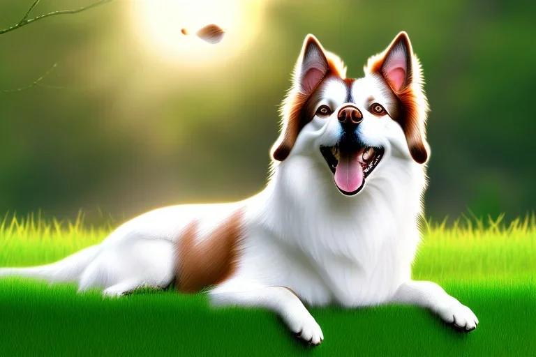 Cute Dog Laying Down On Grass, Sunny, Bright Lighting, Cute, Hyper Detailed, Hyper Realistic,