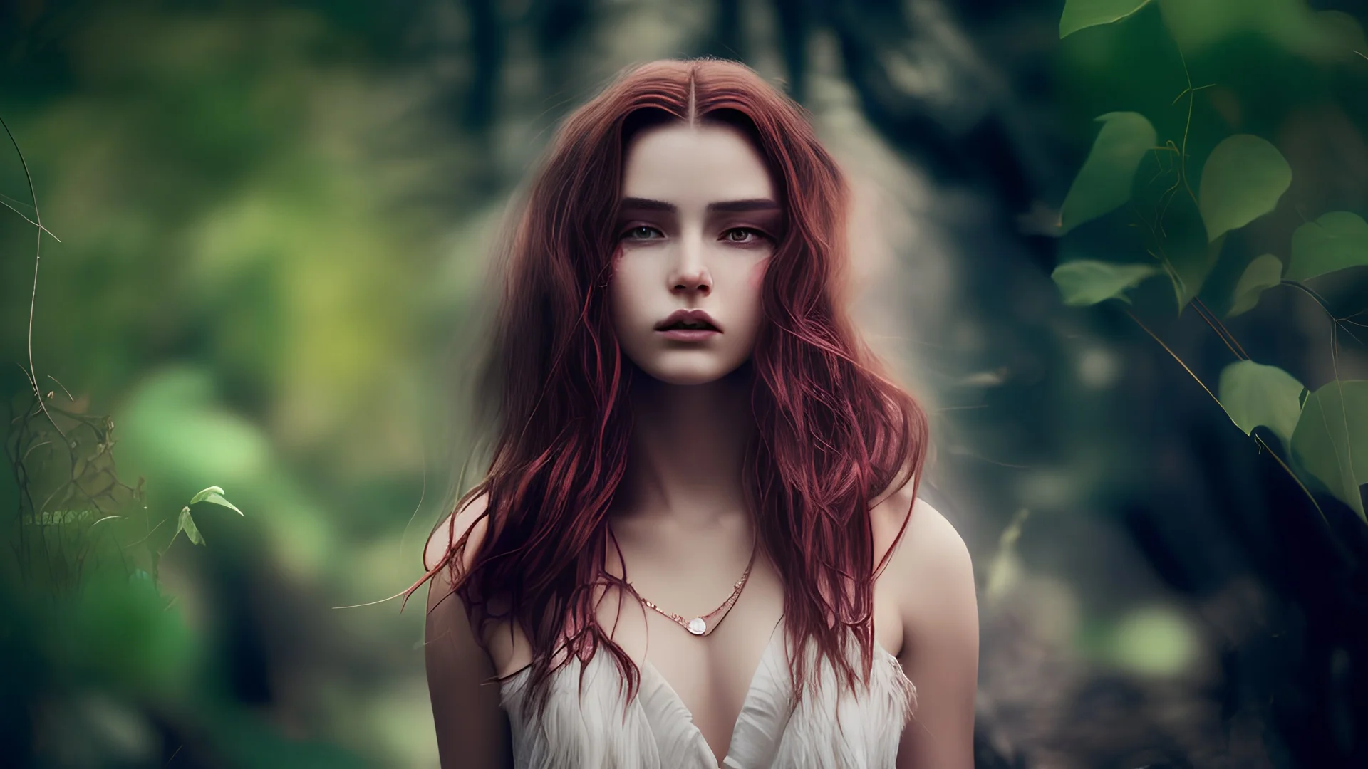 A stunning close-up portrait of a 19 year old goddess in a dramatic, dark and moody style, inspired by the work of Samuel Adoquei, with intricate details and a sense of sadness. She has a single braid on the left side of her light auburn hair. Photographic quality. She wears a white wrap dress with ample cleavage. She is looking directly at me. Three point studio lighting. She is back lit by magical fire.