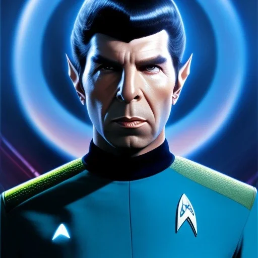 Portrait of Spock, Star Trek style, Photorealism, Full Body Shot, Wearing Blue TNG Uniform