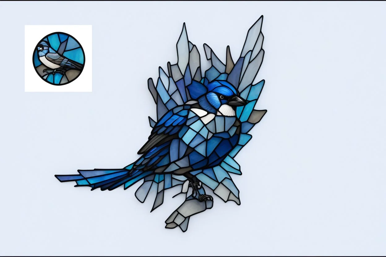 vitrail d'un geai bleu ailes déployées cyberpunk