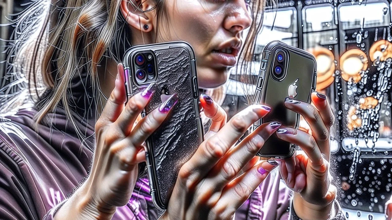 lady with oversized plump fingers getting iphone11 all full of dirty finger residue