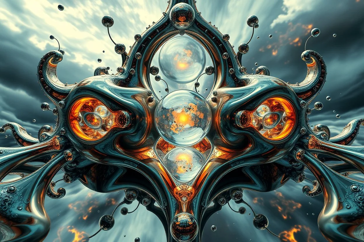 Dynamic complex hypnotic fractal 3D Symmetrical structures with mirrors twisting and morphing between organic and geometric forms , smooth translucent iridescent glass with inner glow and bubbles, varied transparent materials, stormy skies, intense dramatic
