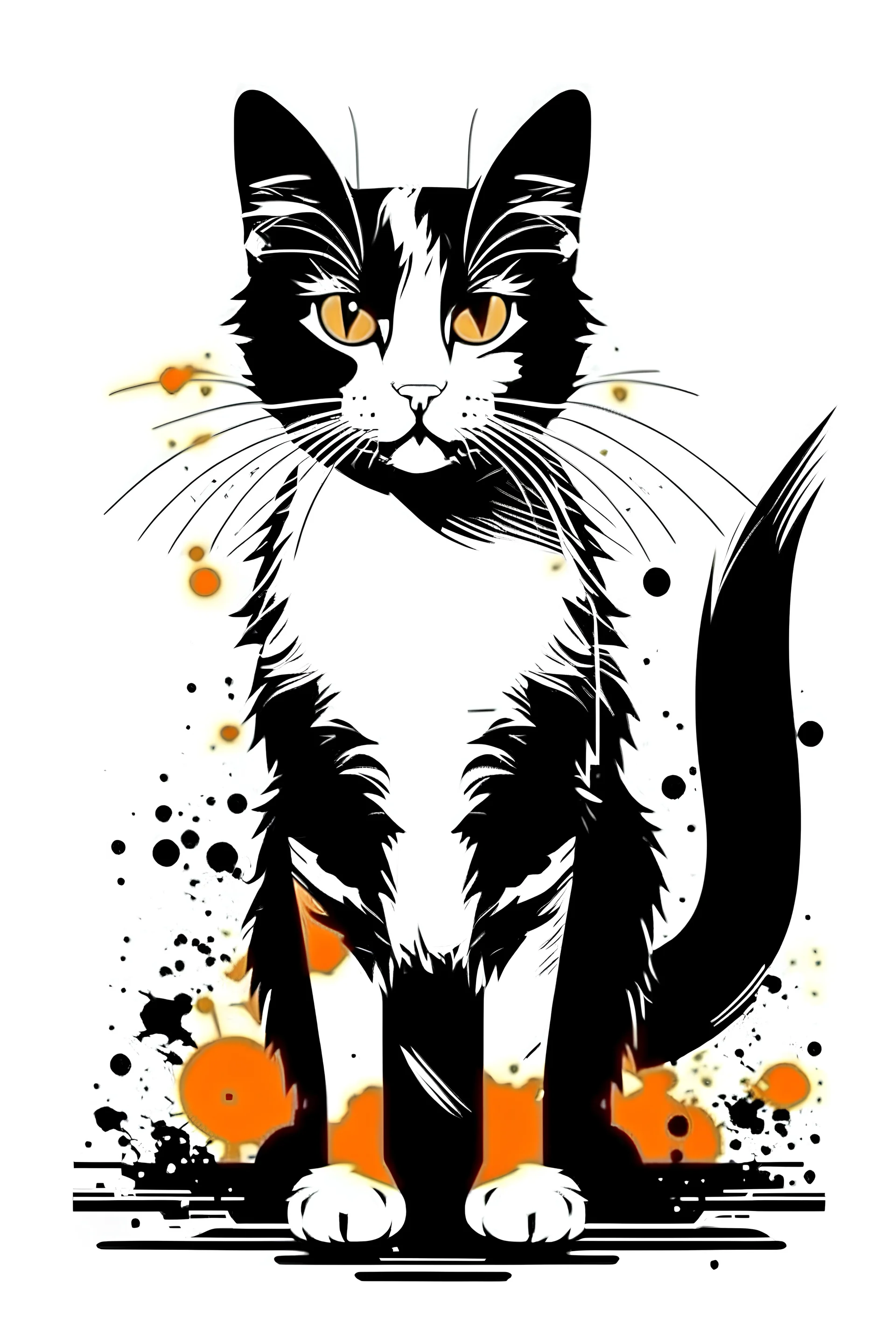 Orange, black and white palette cat in artistic style full body